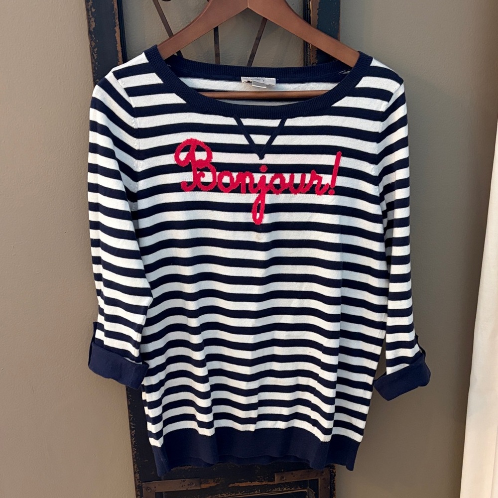 LOFT Navy and White Striped Sweater with hot pink Bonjour! Script.